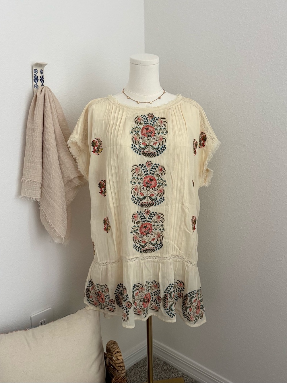 Sundance Cream Tunic with Pink & Green Floral Embroidery